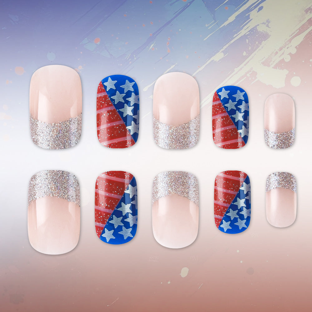 Patriotic Charm Elegant Medium Square Red Blue and Glittering Star Design Press-On Nail Set