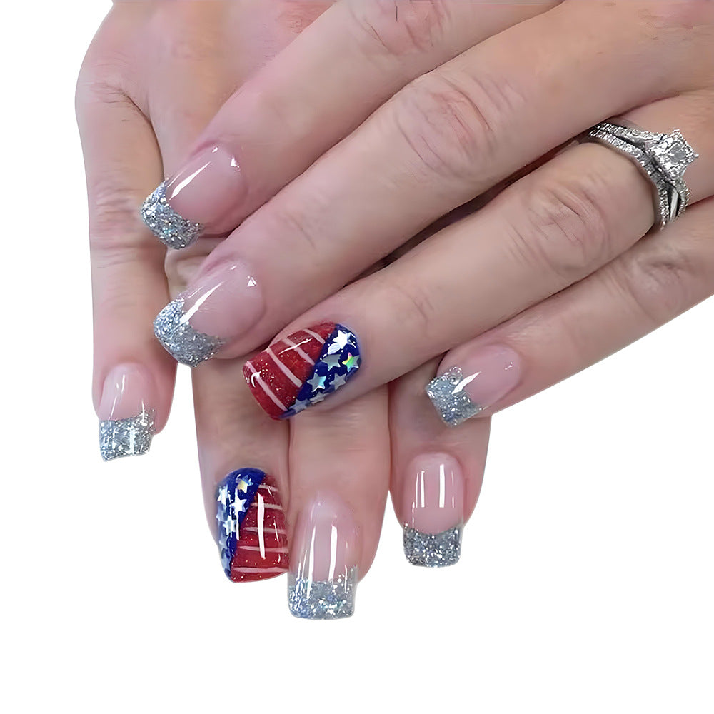 Patriotic Sparkle Long Square Clear Silver Glitter and Red White Blue Star Press On Nail Set