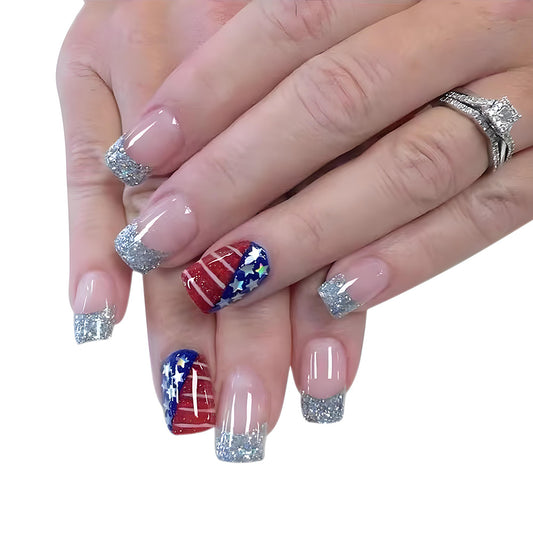 Patriotic Sparkle Long Square Clear Silver Glitter and Red White Blue Star Press On Nail Set