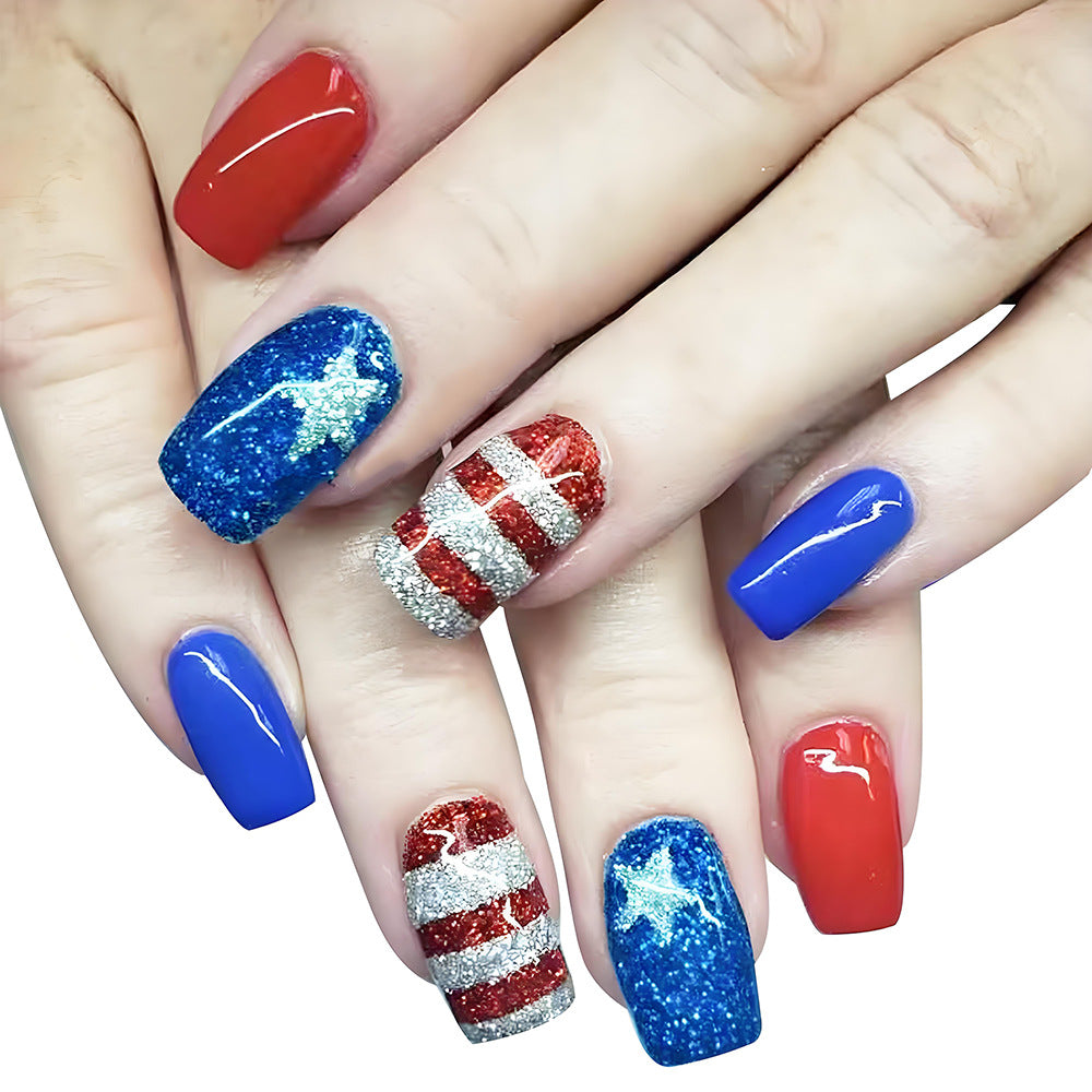 Patriotic Celebration Extra Long Square Press On Nail Set Red Blue Glitter and Striped Accent Design
