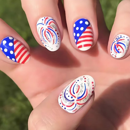 Patriotic Celebration Medium Oval Red White and Blue Press On Nail Set with Sparkling Glitter Accents