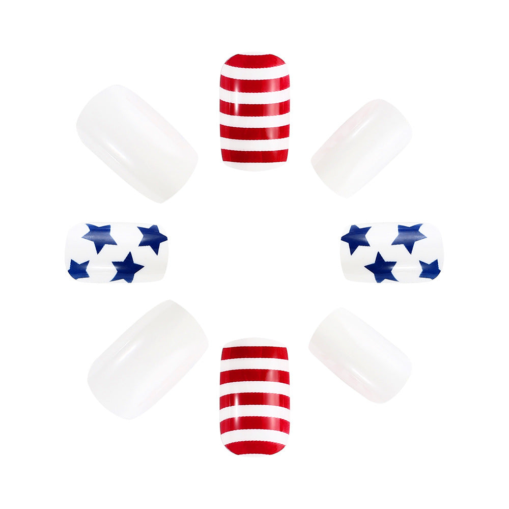 Patriotic Celebration Medium Square Glossy White Red Stripe and Blue Star Press-On Nail Set