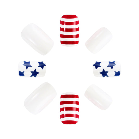 Patriotic Celebration Medium Square Glossy White Red Stripe and Blue Star Press-On Nail Set