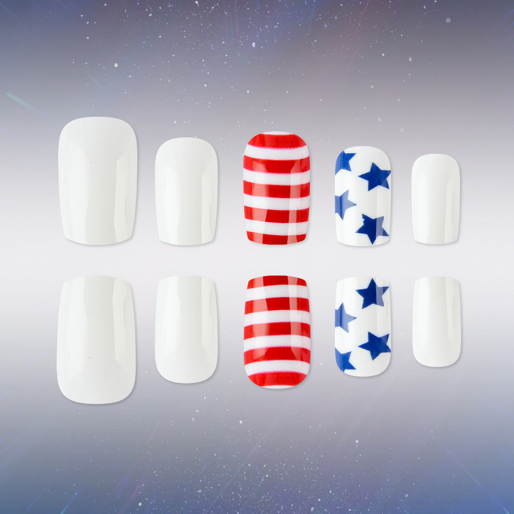 Patriotic Celebration Medium Square White and Red Striped with Blue Stars Press-On Nail Set