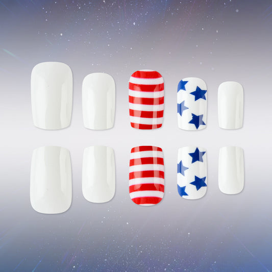 Patriotic Celebration Medium Square White and Red Striped with Blue Stars Press-On Nail Set