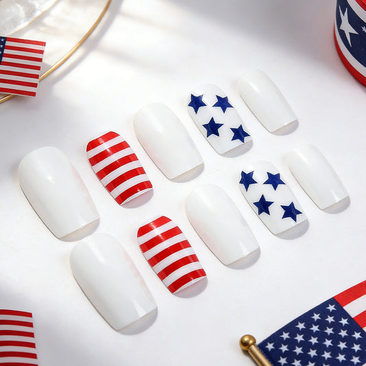 Patriotic Style Medium Square Red and White Striped with Blue Stars Press on Nail Set