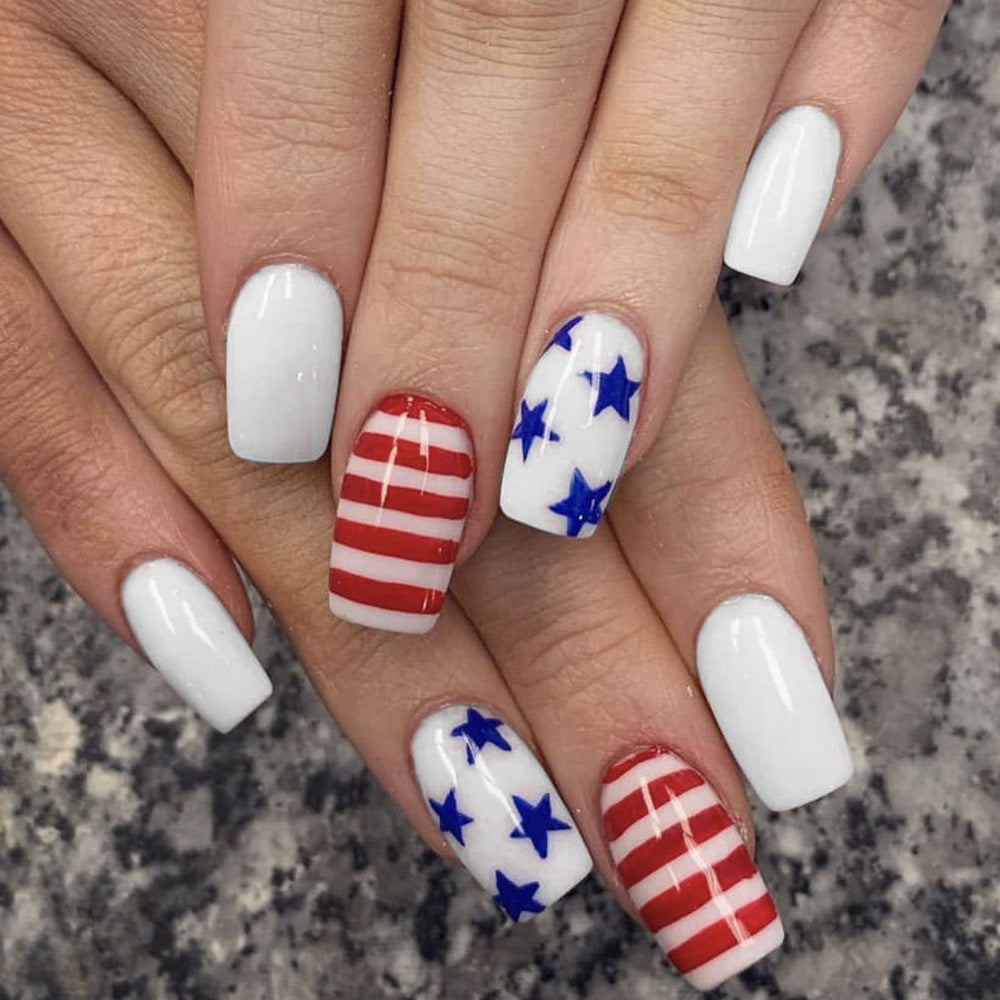 Patriotic Chic Long Square White Red and Blue Star Press On Nail Set