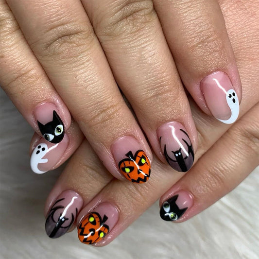 Spooky Halloween Almond Press On Nail Set Medium Black Orange and White with Cat and Ghost Designs