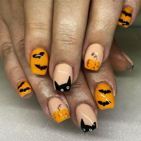 Spooky Halloween Themed Coffin Press On Nail Set Short Yellow and Orange With Pumpkin and Bat Designs