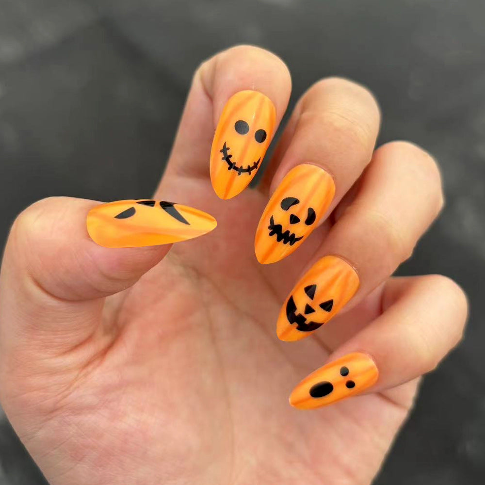 Halloween Spooktacular Long Almond Orange Press On Nail Set with Fun Pumpkin Faces