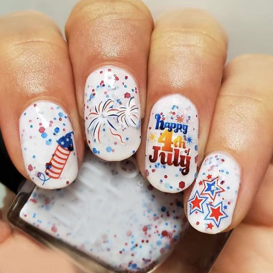 Patriotic Celebration Oval Medium White Red and Blue Glitter Press On Nail Set with Festive Fireworks Design