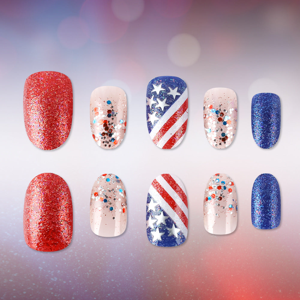 Patriotic Celebration Medium Oval Red and Blue Glittery Press On Nail Set with Star and Stripe Designs