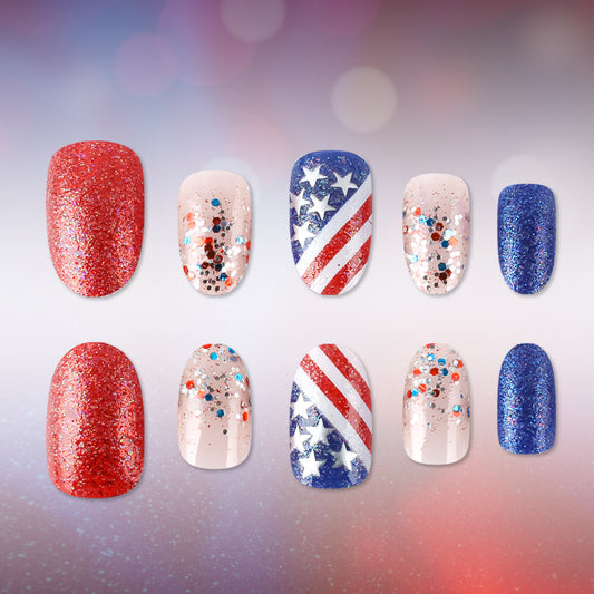 Patriotic Celebration Medium Oval Red and Blue Glittery Press On Nail Set with Star and Stripe Designs