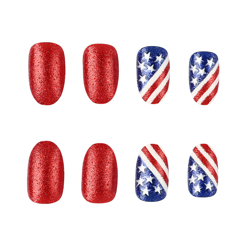 Patriotic Glamour Press on Nail Set Shiny Short Almond Red with Sparkle and Striped Design in Blue and White