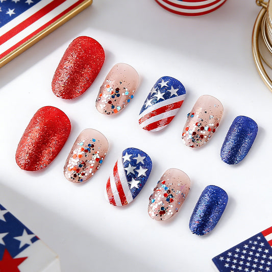 Patriotic Celebration Short Almond Red and Blue Glitter with Star and Striped Design Press on Nail Set