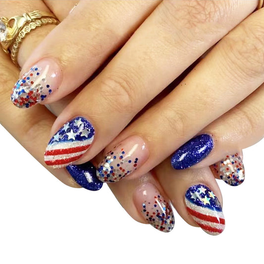 Patriotic Glamour Long Almond Shape Red Blue and Silver Glitter Press On Nail Set with Star and Stripe Design