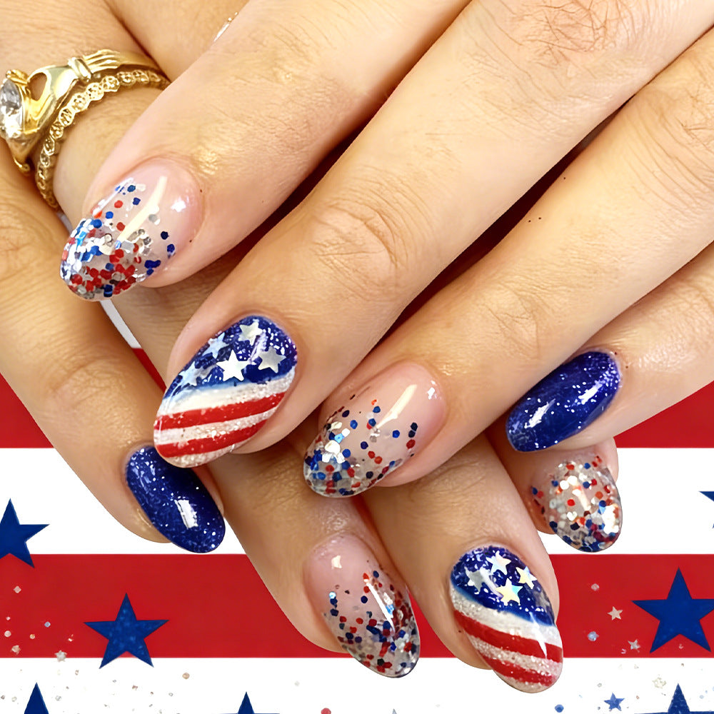 Festive Freedom Short Oval Glittering Red White and Blue Press On Nail Set