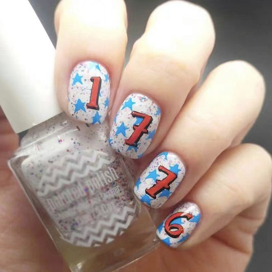 Patriotic Celebration Short Square Red and Blue Glitter Press On Nail Set Featuring Star Design and Number Detail