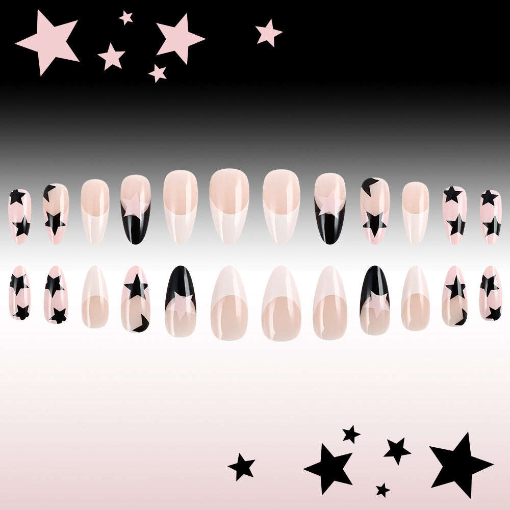 Celestial Dream Press-On Nail Set Short Almond Shaped Blush Pink and Jet Black with Starry Design