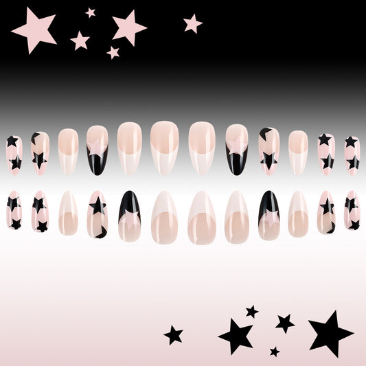 Celestial Dream Press-On Nail Set Short Almond Shaped Blush Pink and Jet Black with Starry Design
