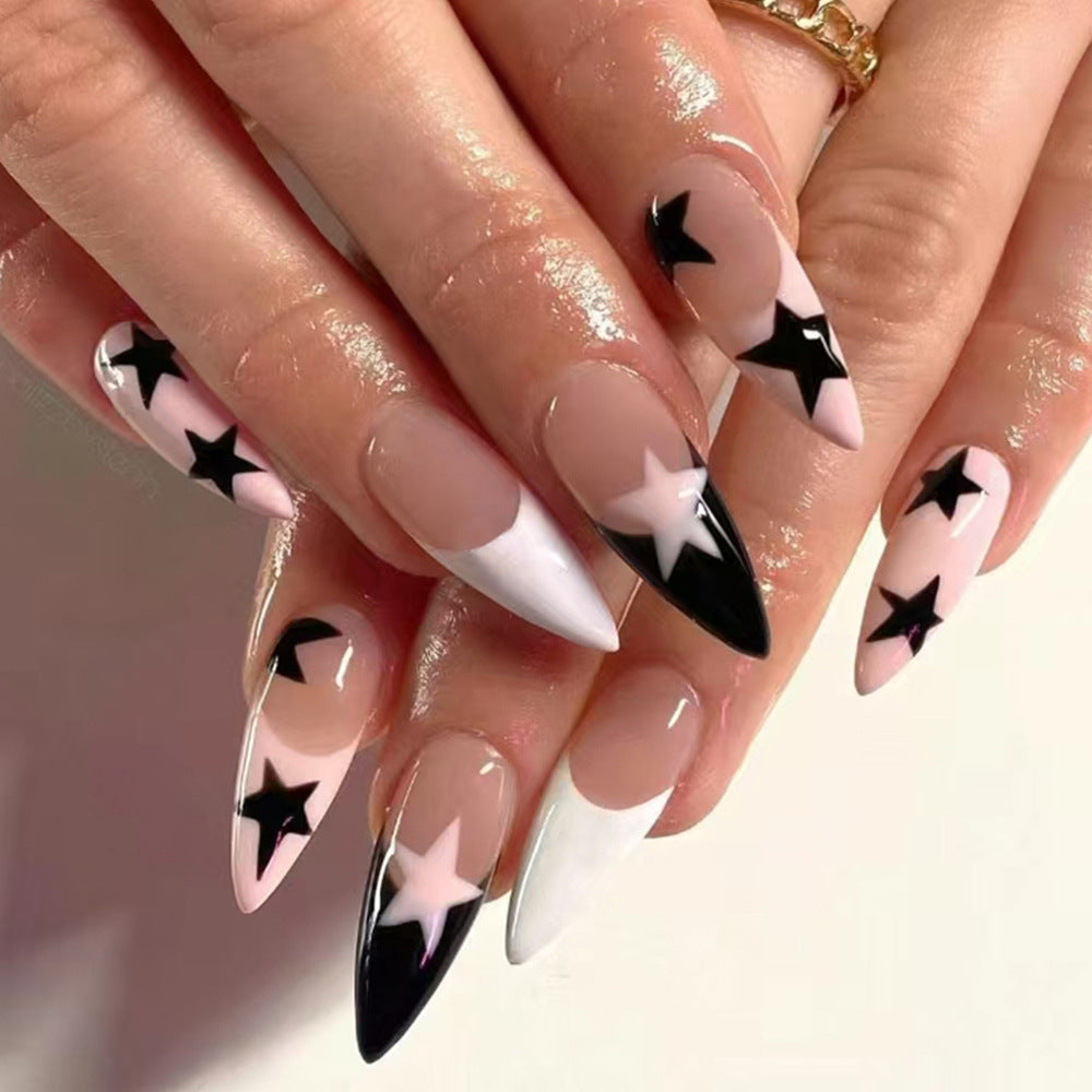 Celestial Chic Long Almond Shaped Black and White Star Design Press On Nail Set