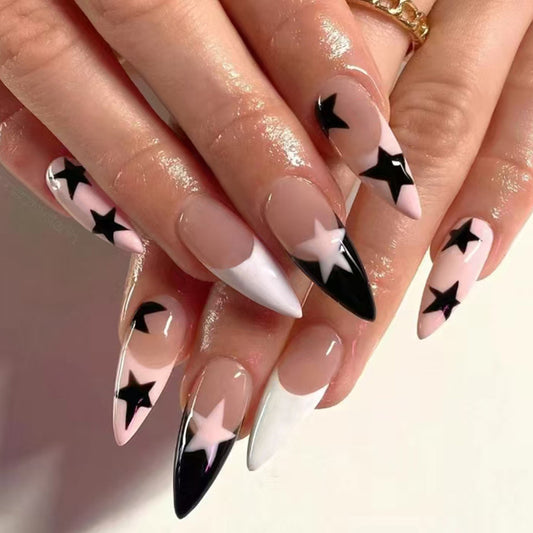 Celestial Chic Long Almond Shaped Black and White Star Design Press On Nail Set