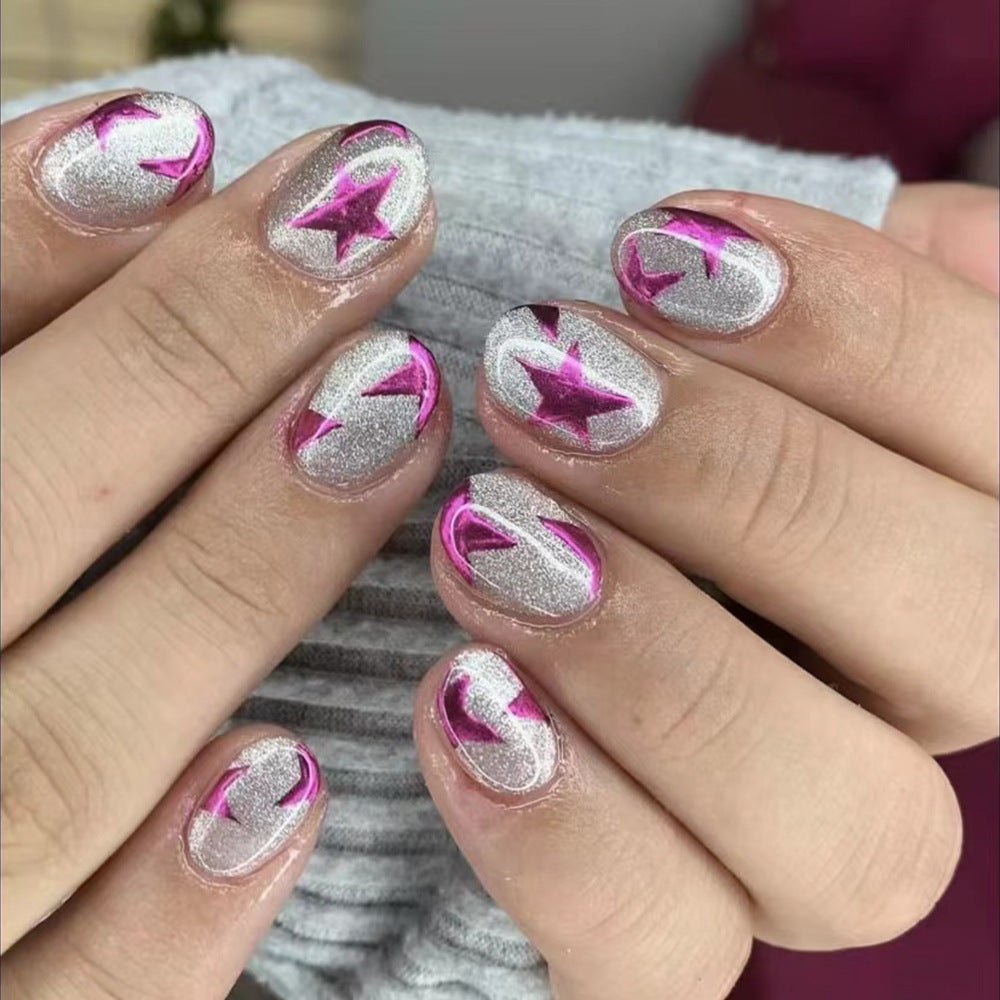 Cosmic Sparkle Short Round Silver and Pink Press On Nails with Star Designs