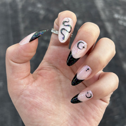 Mystical Glamour Long Almond Black and Pink Glitter Press On Nail Set with Enchanted Designs