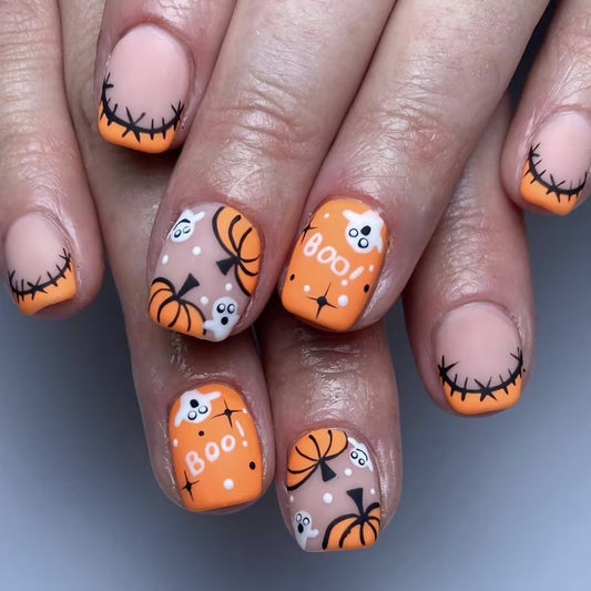 Spooktacular Short Square Orange Press On Nail Set with Pumpkin and Ghost Designs