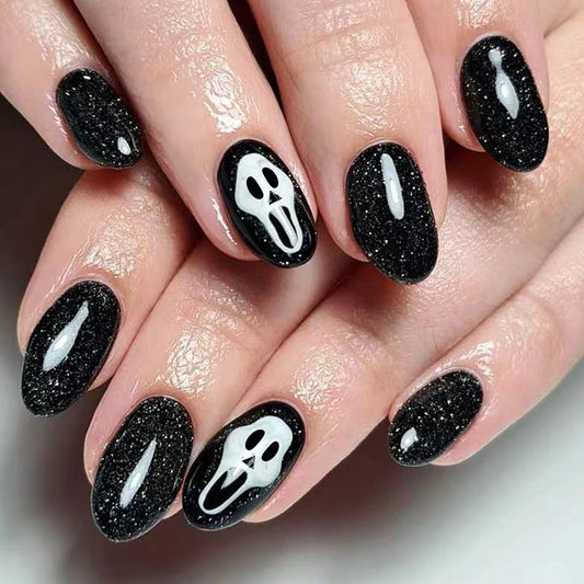 Spooky Chic Long Oval Black Glitter Press On Nail Set with Ghost Design