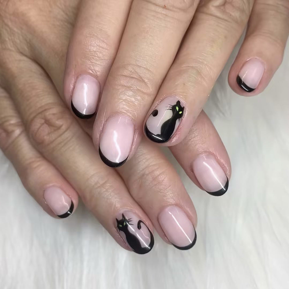 Mystical Cat Night Press On Nails Medium Oval Pink Black with Unique Cat Art