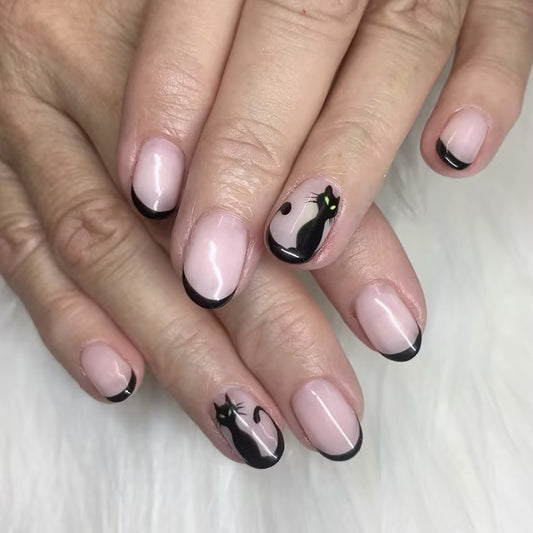 Mystical Cat Night Press On Nails Medium Oval Pink Black with Unique Cat Art