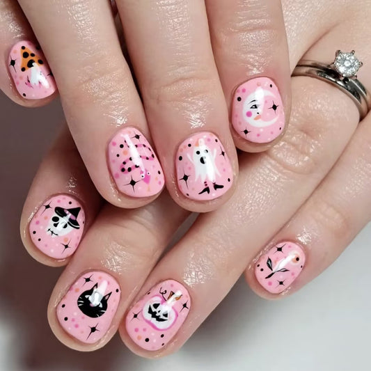 Spooky Pink Oval Press On Nail Set Short Nails with Fun Halloween Designs