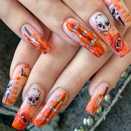Spooky Chic Long Square Orange Press On Nail Set with Eerie Skull and Bat Design