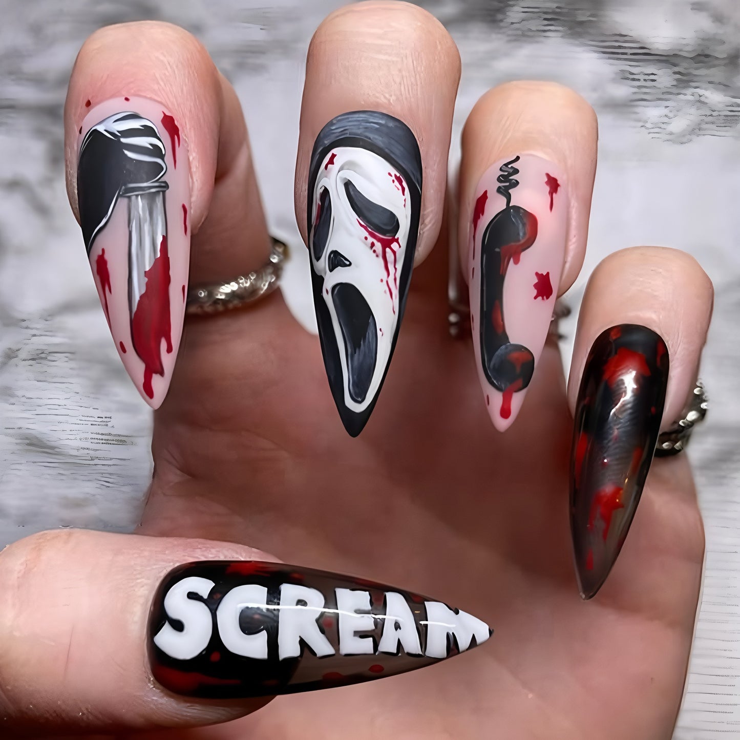 Scream Queen Spooky Long Stiletto Blood Red Black and White Horror Themed Nail Set
