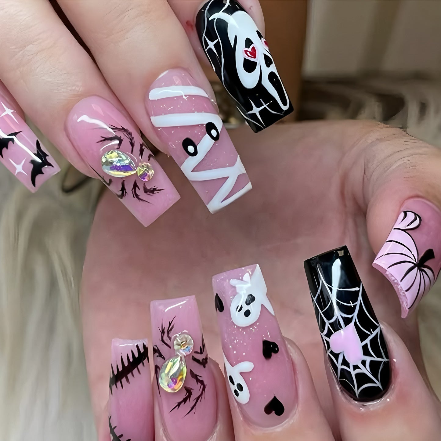 Spooky Glamour Long Square Pink and Black Press on Nail Set with Unique Halloween Designs