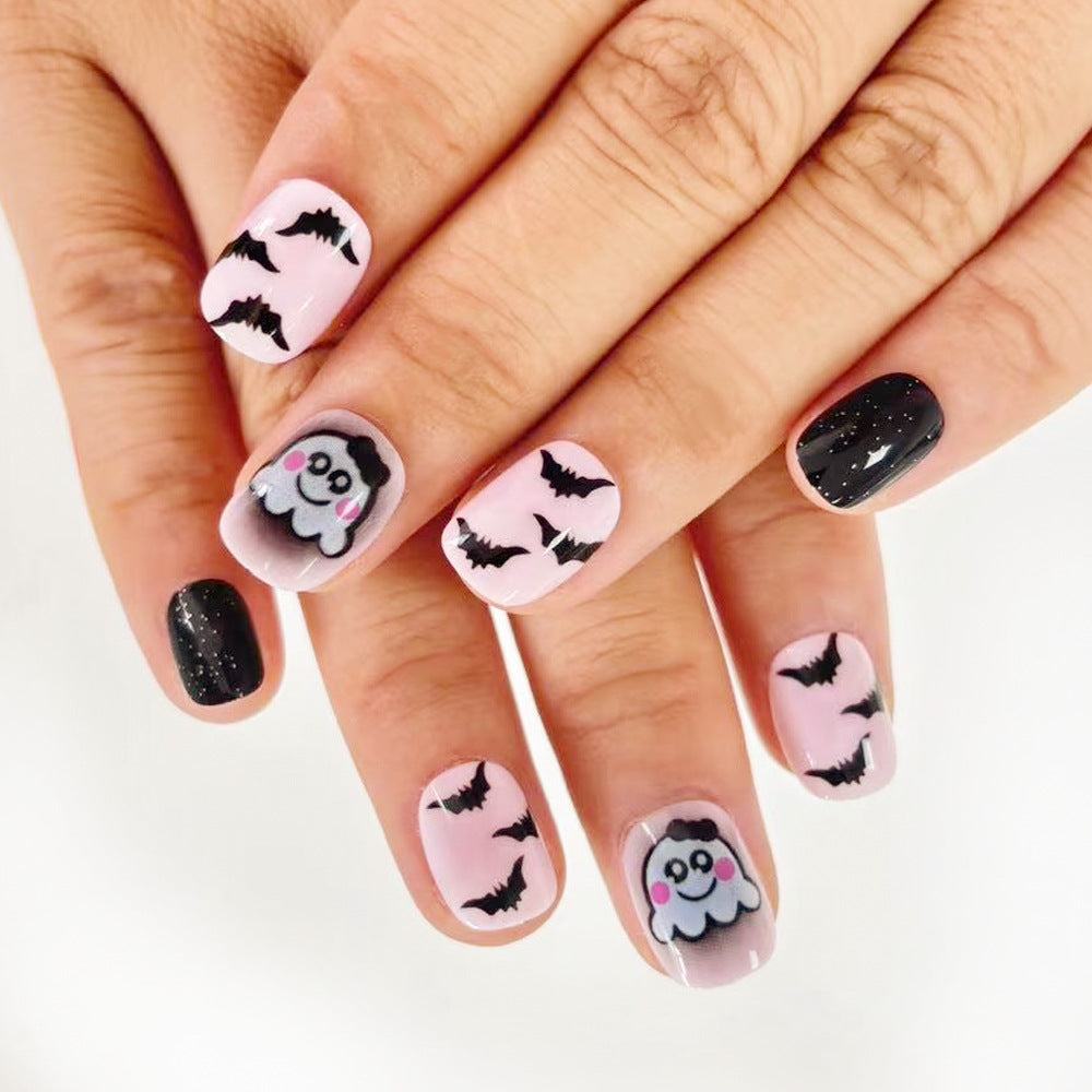 Spooky Halloween Press On Nail Set Short Square Pink Black with Cute Ghost and Bat Designs
