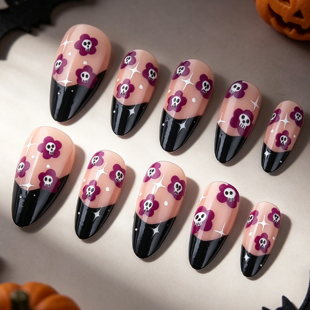 Spooky Floral Medium Almond Black and Purple Skull Design Press On Nail Set