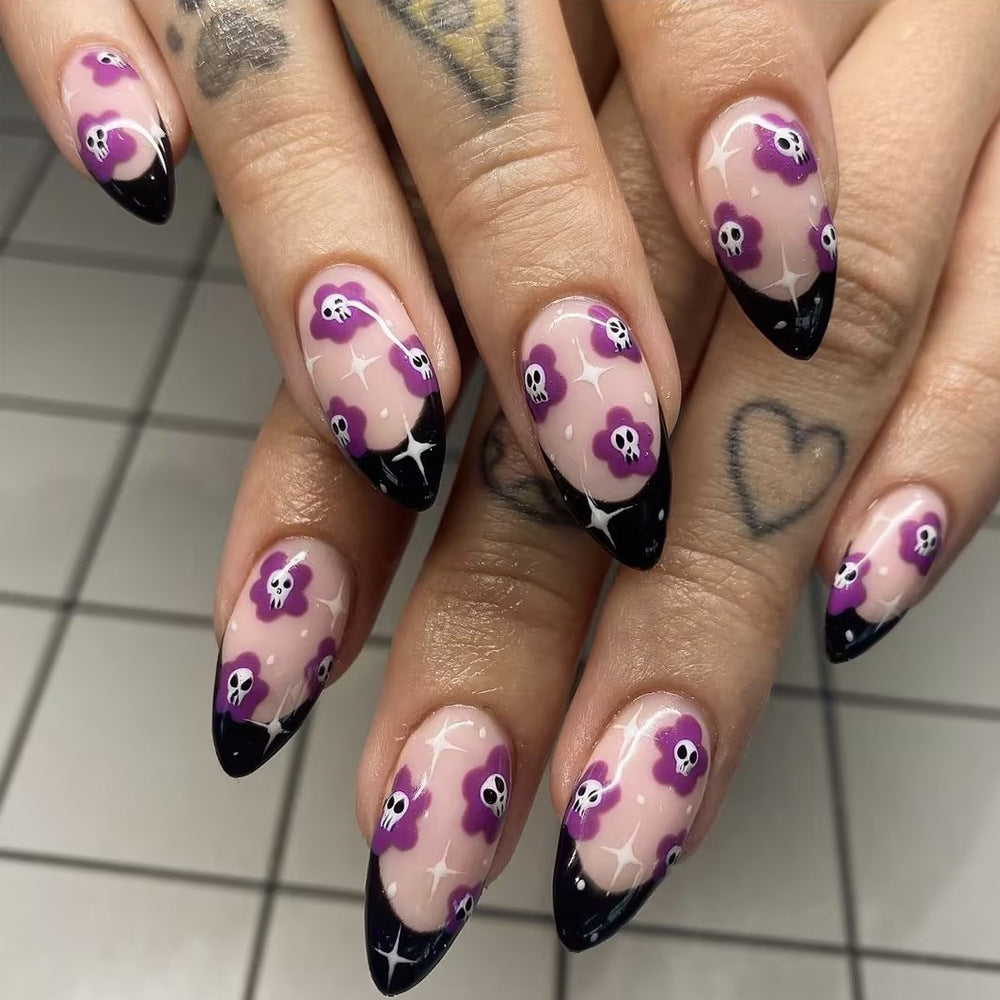 Gothic Floral Long Almond Press On Nail Set in Black Purple and Clear with Edgy Skull Design