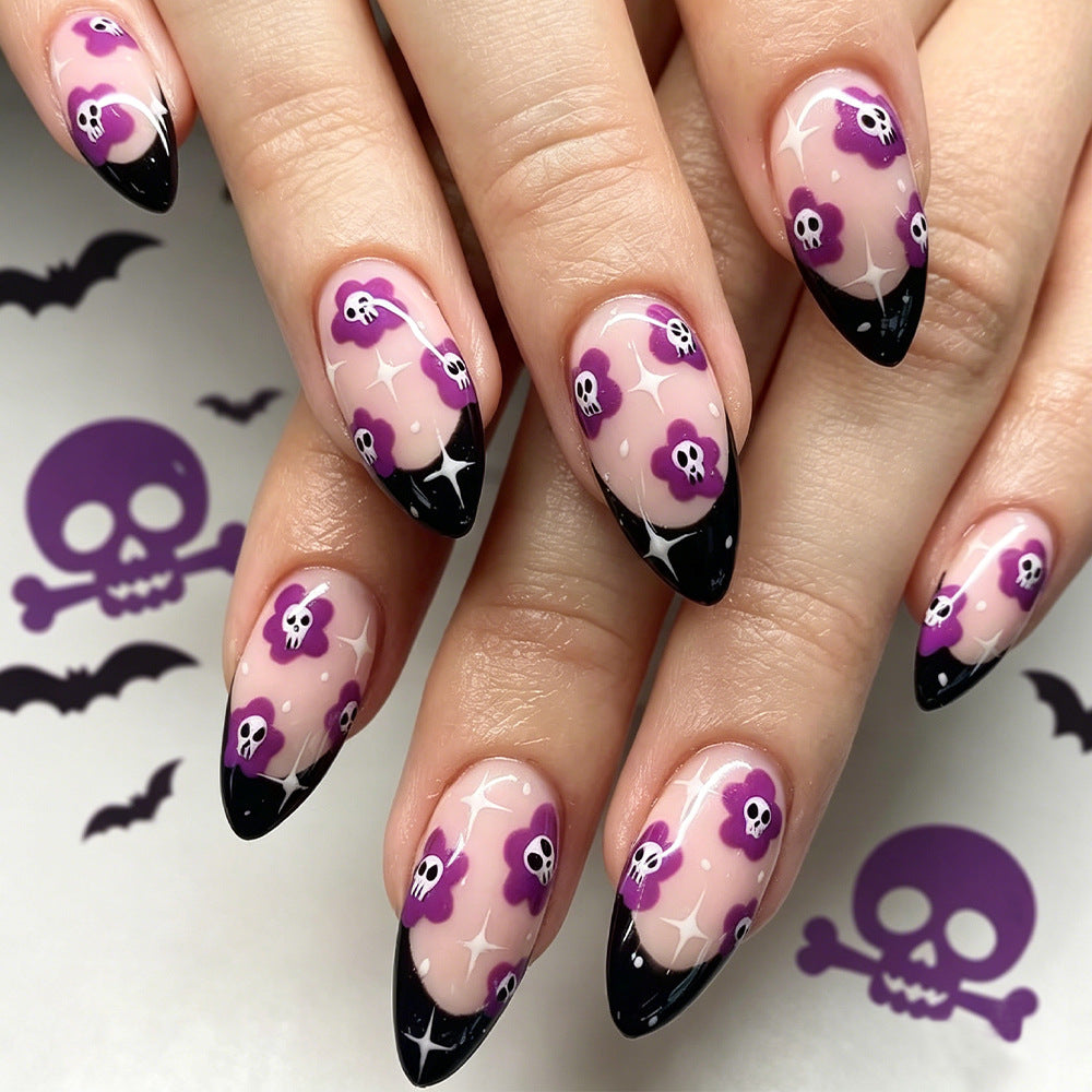 Spooky Vibes Medium Almond Black and Purple Floral Press on Nail Set