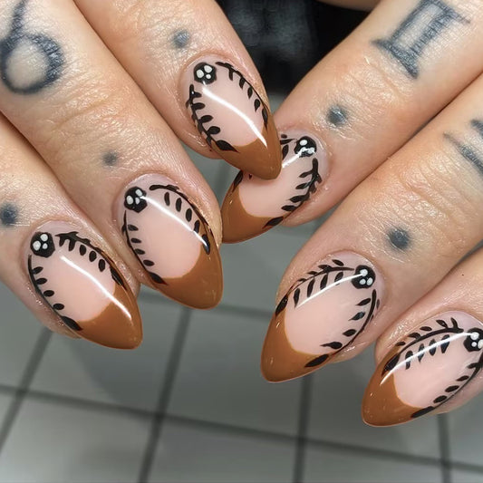 Bohemian Chic Long Almond Brown and Beige Press On Nail Set with Floral Vine Design