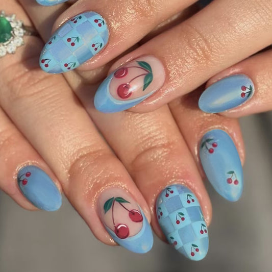 Cherry Blossom Delight Long Almond Blue Checker Print and Cherry Art Press On Nail Set