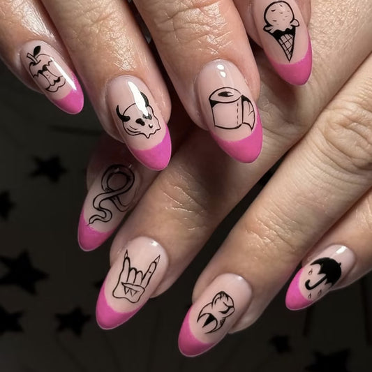 Gothic Whimsy Long Almond Pink French Tip Press On Nail Set with Unique Illustrative Designs