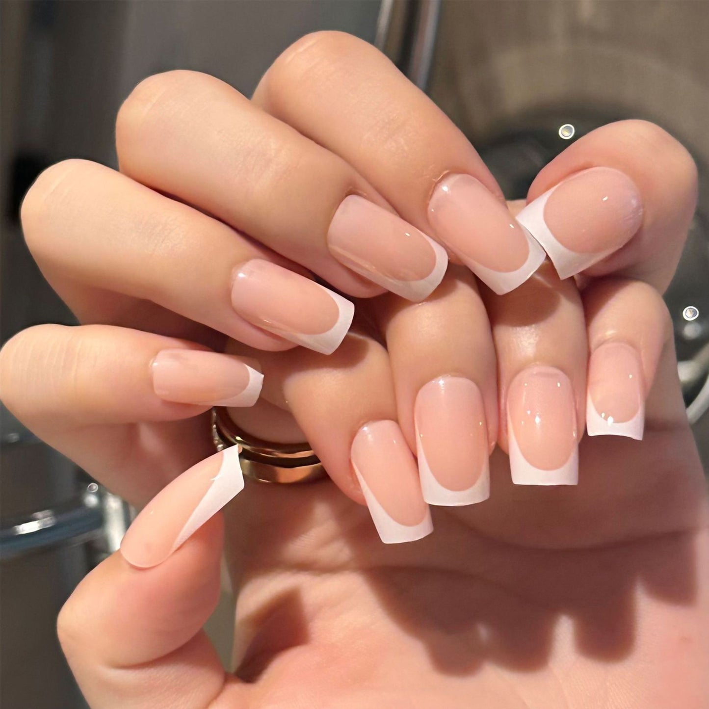 Elegant Garden Long Square French Tip Press On Nail Set in Soft Pink with Glossy Finish