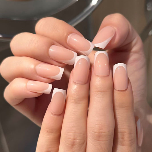 Elegant Oasis Long Square Blush Pink and White French Press On Nail Set with Glossy Finish