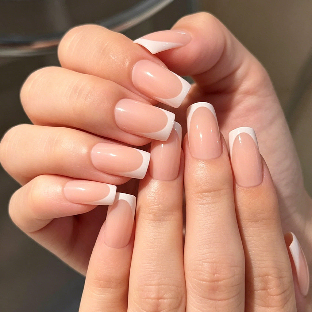 Elegant Dreamy Short Square Blush Pink Press-On Nail Set with Chic White Tips