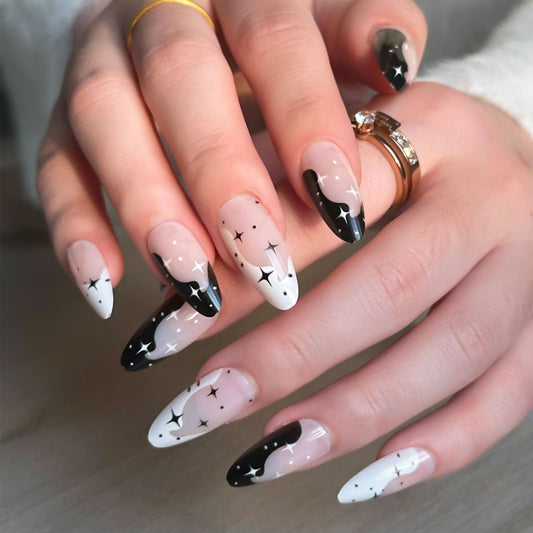Celestial Glam Long Almond Black and White Starry Press On Nail Set