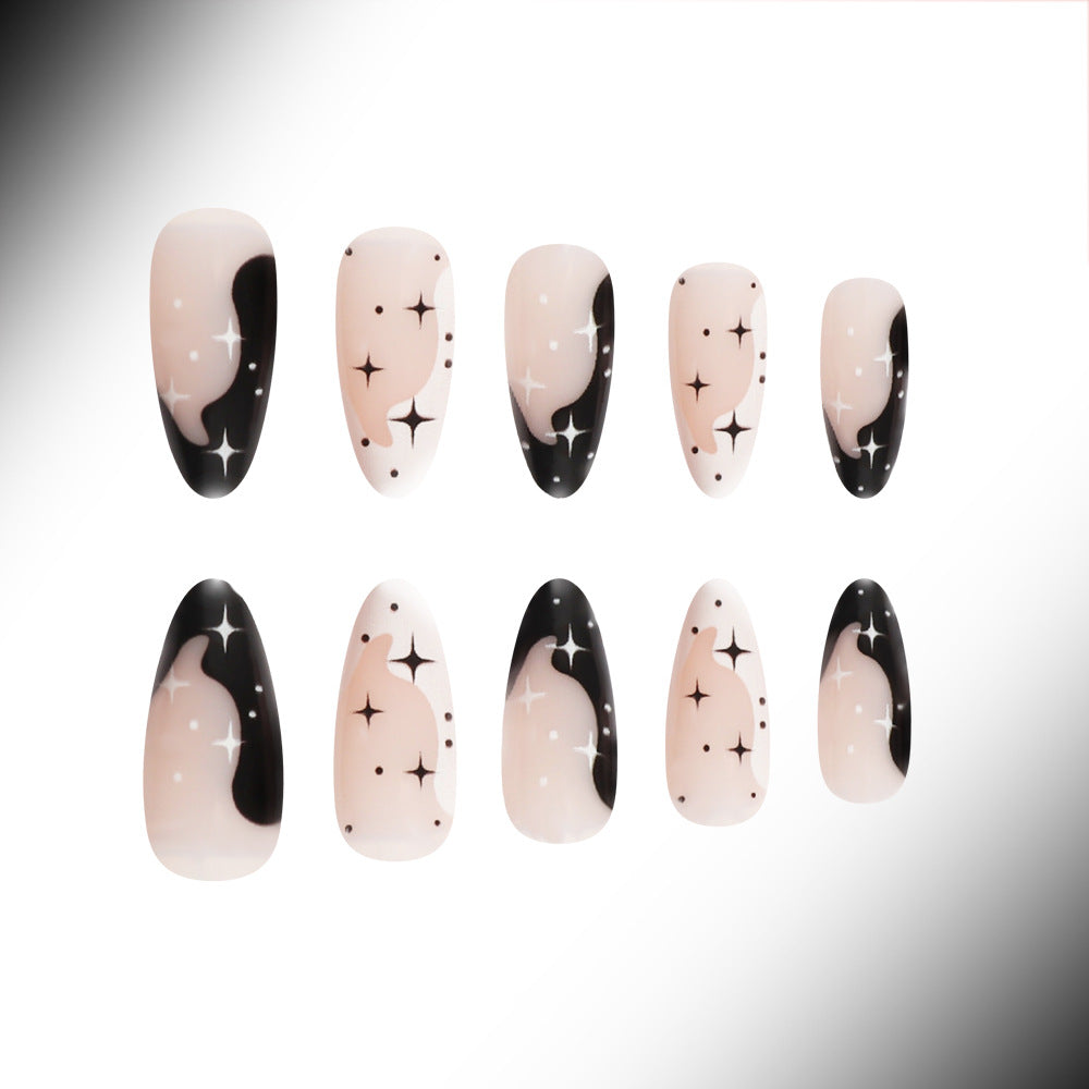 Celestial Dreams Medium Almond Black and Beige Press On Nail Set with Stars