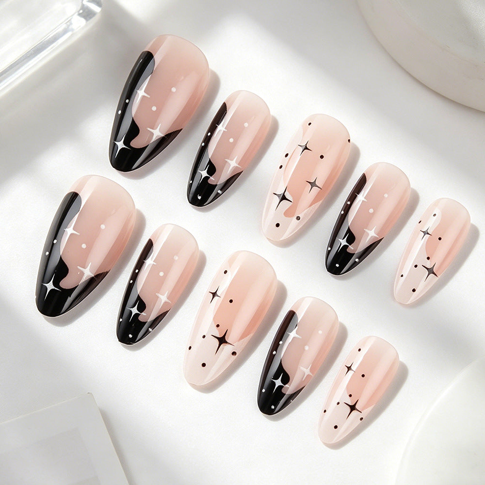 Celestial Elegance Medium Almond Pink and Black Starry Nail Set