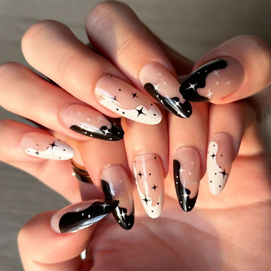 Celestial Night Long Almond Black and White Press On Nail Set with Starry Pattern Design